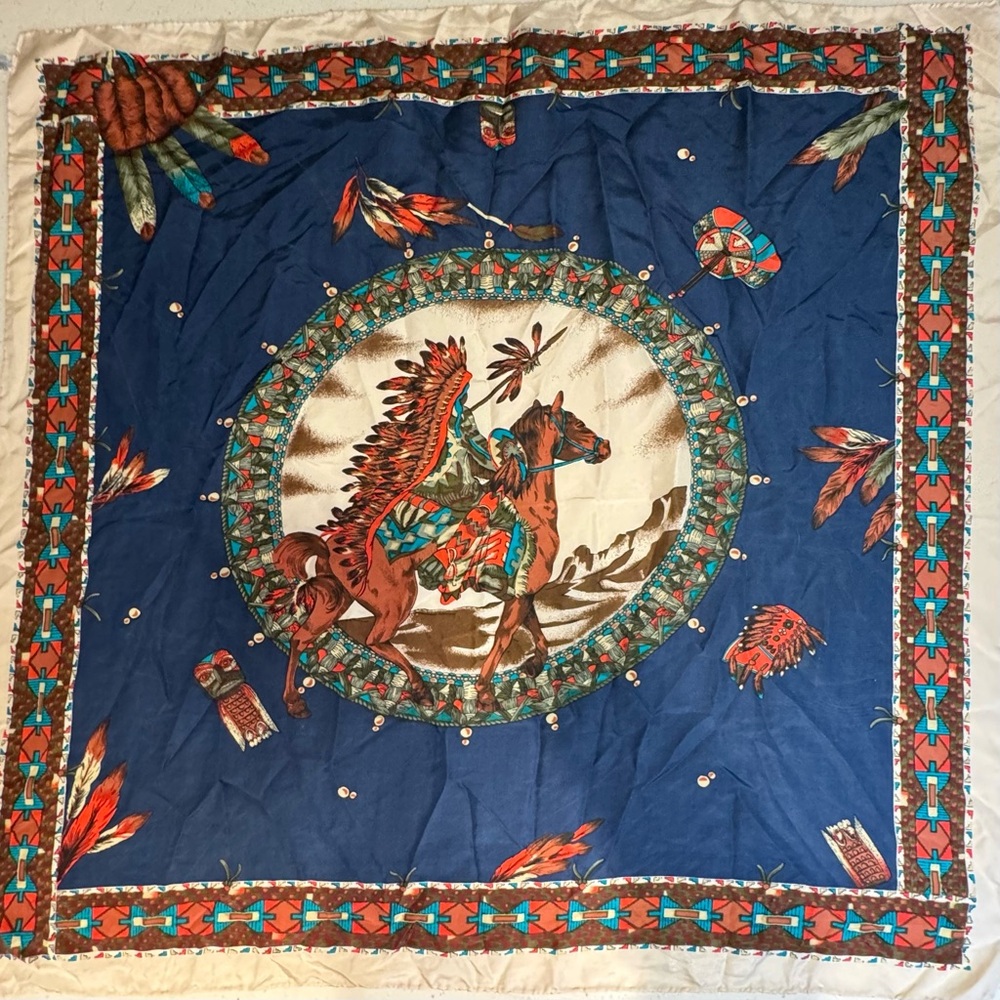 100% Silk Scarf Native American Equestrian Motif 32”x33”